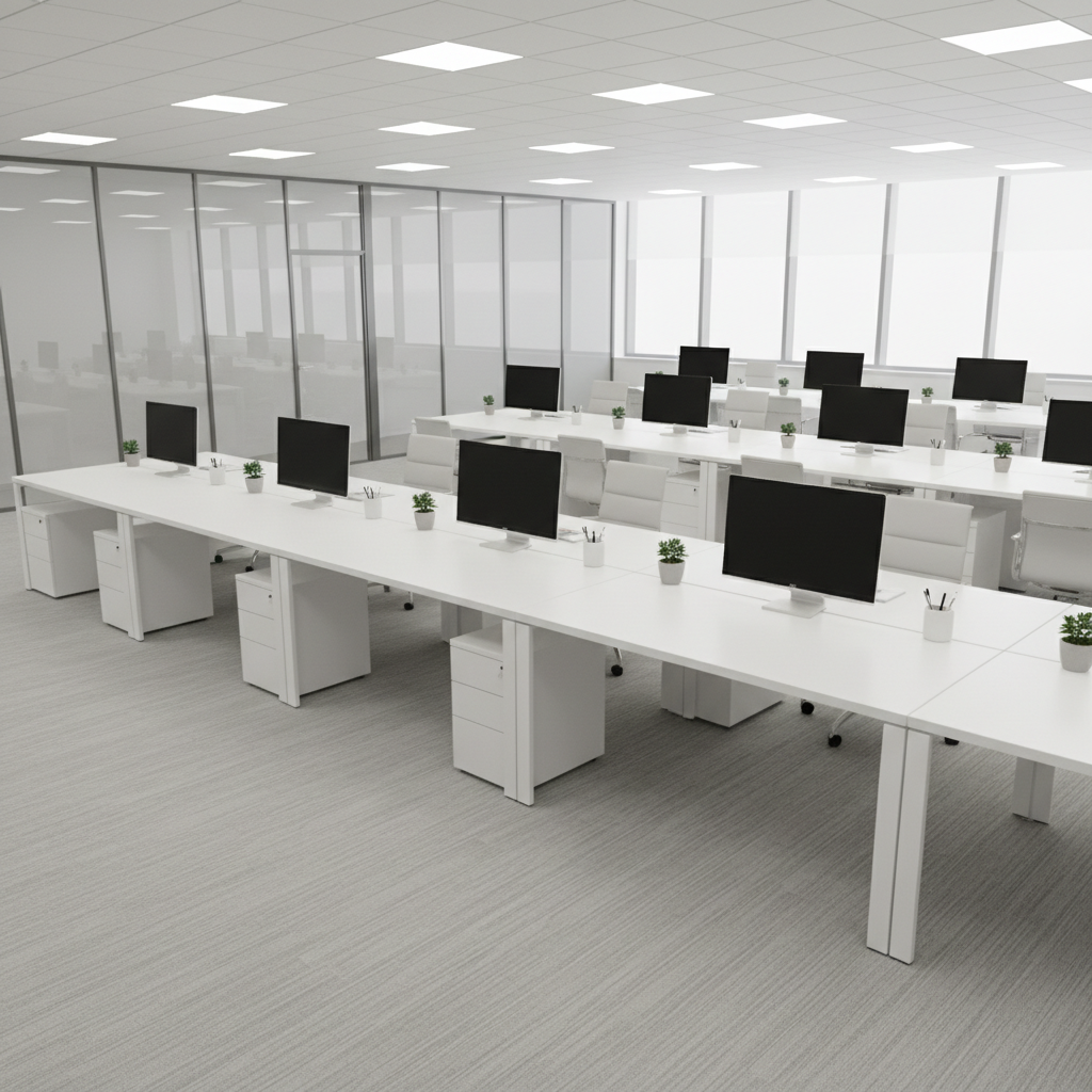 A bright, tidy open-plan office space with rows of uncluttered white desks, each with a spotless computer monitor, neatly arranged stationery, and a single green plant in a clean ceramic pot. The low-pile carpet is freshly vacuumed, displaying visible, straight vacuum lines that emphasize order. Large windows along one wall allow diffused midday sunlight to fill the room, while overhead LED lights add even, neutral illumination with minimal shadows. Photographic realism with a slightly elevated angle captures the entire space in sharp focus, highlighting dust-free surfaces and smudge-free glass partitions. The mood is productive, hygienic, and professional, perfectly reflecting a reliably maintained work environment cleaned by an eco-conscious janitorial service.