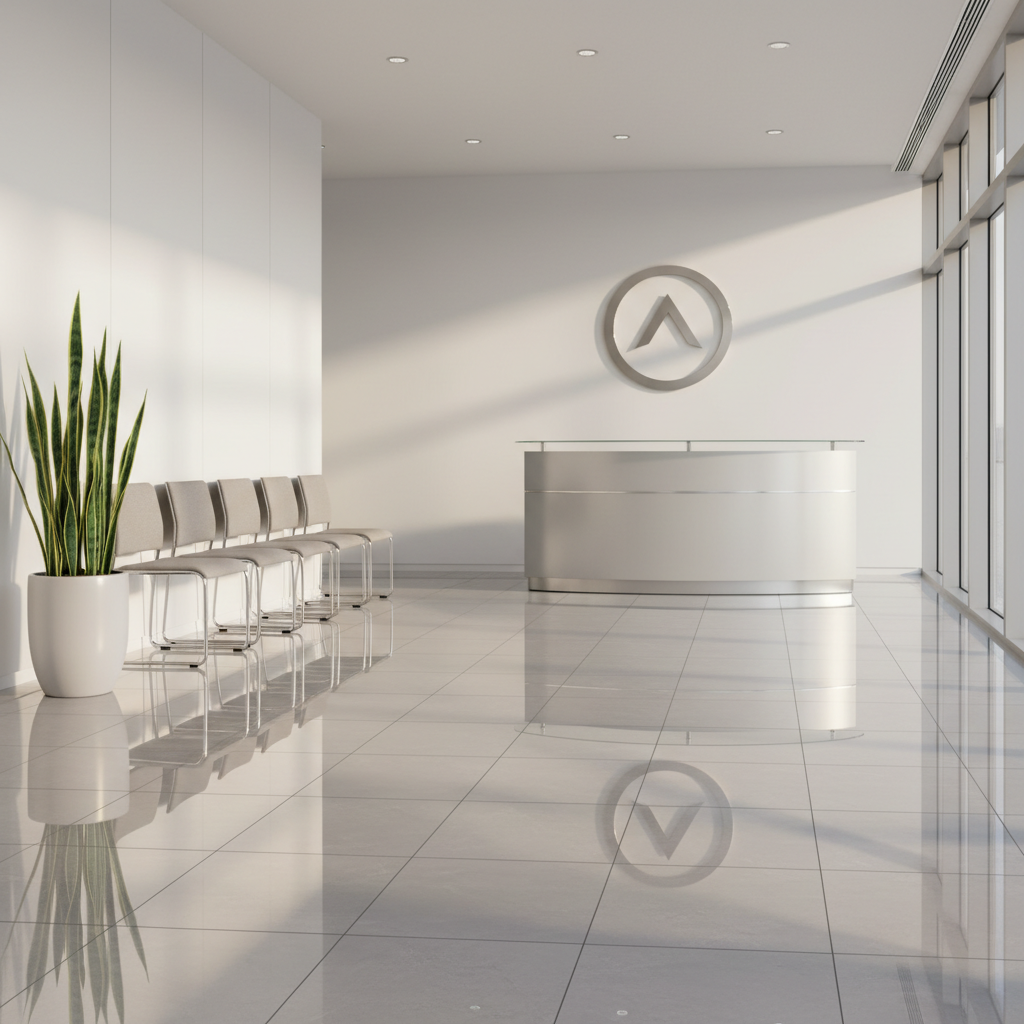 A spotless, modern corporate office lobby with gleaming light-gray tile floors and a pristine glass reception desk, freshly cleaned to a mirror-like shine. A row of neatly aligned metal-framed chairs sits against a white wall, and a tall indoor plant in a minimalist pot stands in the corner, its leaves dust-free. Soft, natural morning light pours in through large windows, creating crisp reflections on the polished surfaces and subtle shadows along the floor. Photographic realism at eye level, with sharp focus throughout, conveys professionalism, order, and cleanliness. The composition uses the rule of thirds, drawing the eye from the immaculate floor to the spotless reception area, creating a calm, trustworthy atmosphere ideal for a commercial cleaning service homepage.