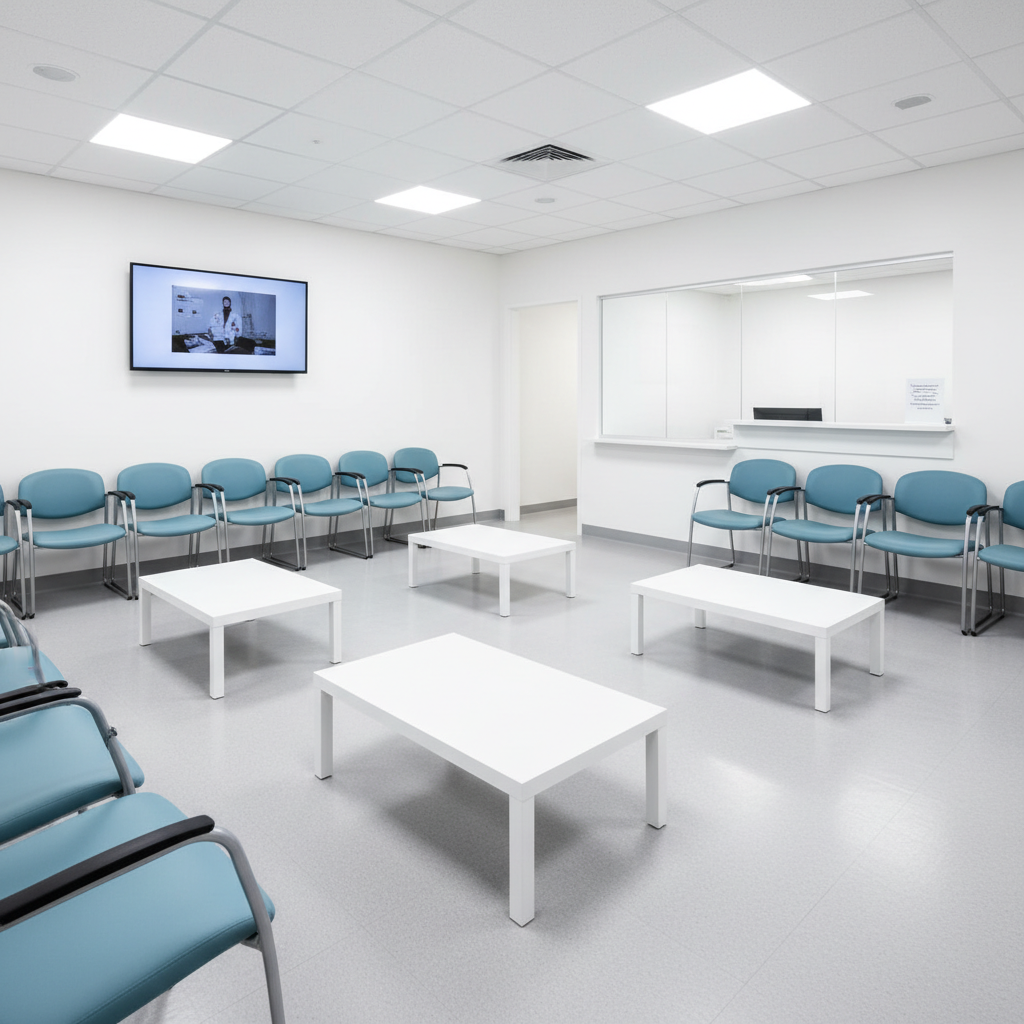 A pristine medical office waiting room, featuring sanitized vinyl seating in cool blue tones, arranged around a low, white laminate coffee table with no clutter or dust. The non-slip vinyl flooring has a subtle sheen, free of streaks, scuffs, or debris. A wall-mounted flat-screen display and reception window glass are crystal-clear and fingerprint-free. Bright, neutral overhead LED lighting creates an evenly lit, clinical environment with minimal shadows. Photographic realism at a slightly elevated angle provides full-room visibility in sharp focus, reinforcing a sense of hygiene and safety. A small sign on the reception counter indicates eco-friendly, hospital-grade cleaning products, underscoring the practice’s commitment to cleanliness for medical facilities.