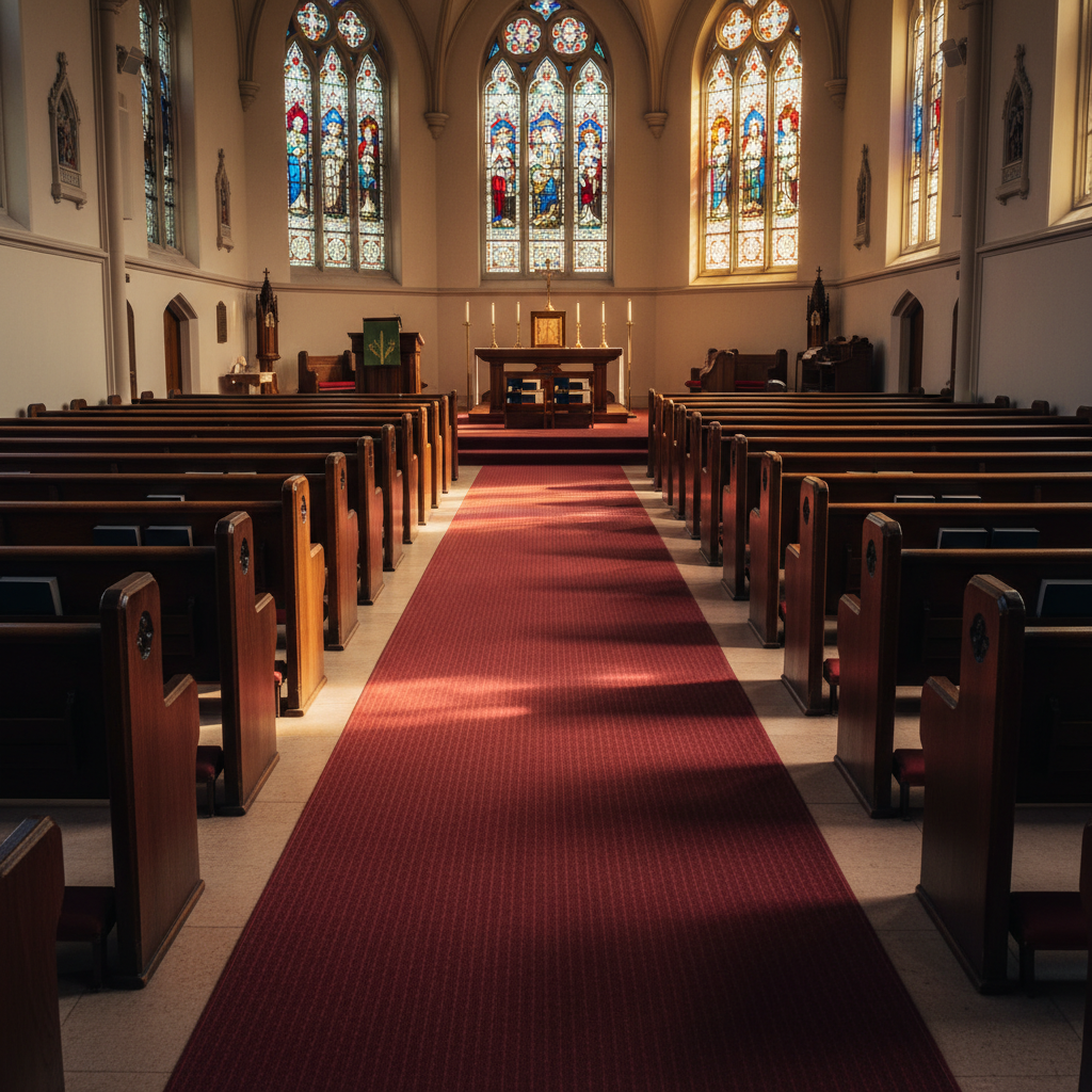 A serene, well-kept church interior in photographic realism, with rows of polished wooden pews, each surface dust-free and subtly reflective. The aisle carpet appears freshly vacuumed, its fibers standing upright with crisp lines. Sunlight filters through colorful stained-glass windows, casting gentle, multicolored patterns onto the clean stone floor and pew ends. The altar area is uncluttered and immaculate, with neatly arranged hymnals on a spotless wooden lectern. Shot from the back of the sanctuary looking toward the altar at eye level, the composition leads the viewer down the clean central aisle. The atmosphere is reverent, peaceful, and welcoming, underscoring respectful, detail-oriented janitorial care for religious buildings.