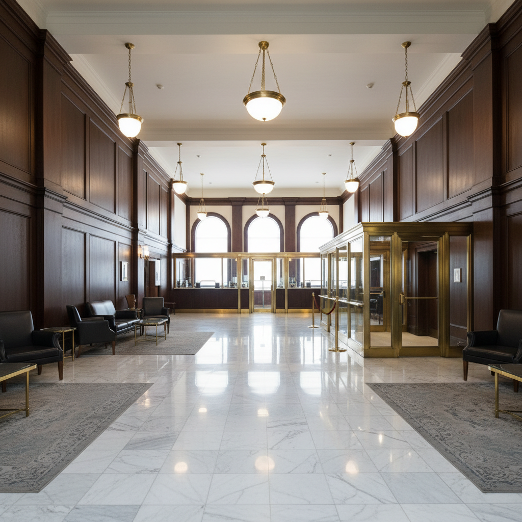 A luxurious bank lobby in Pensacola, FL, with dark wood paneling, a gleaming marble floor, and glass-enclosed teller stations, all impeccably clean. The marble tiles show a smooth, high-gloss finish with subtle reflections of the decorative pendant lights overhead. Brass railings and handles appear polished, free of fingerprints and smudges. Soft, warm artificial lighting combined with faint natural light from tall windows creates a secure, professional ambiance. Captured in photographic realism from an eye-level, wide-angle perspective, the composition emphasizes the pristine floor leading toward the spotless teller counters. The mood is trustworthy and orderly, showcasing the effectiveness of premium commercial cleaning for financial institutions.