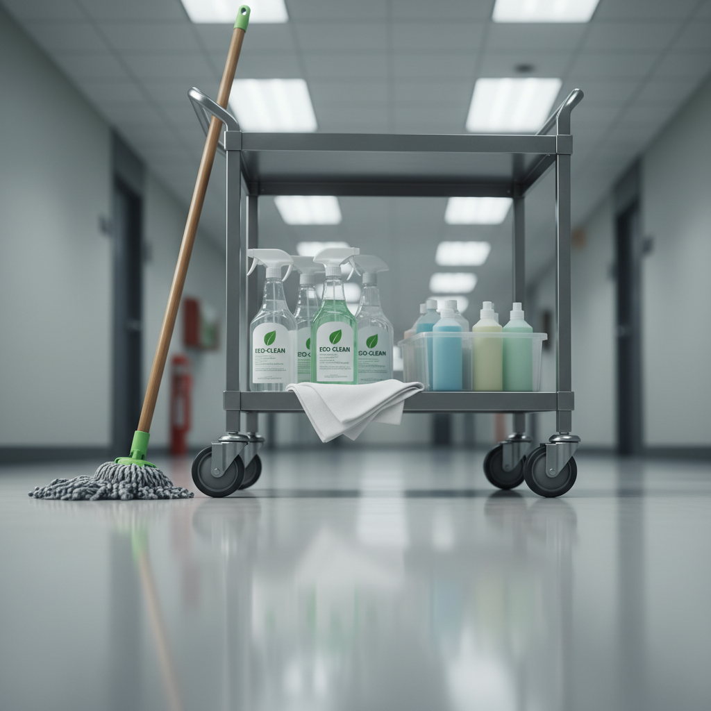 A close-up, photographic realism shot of eco-friendly janitorial supplies neatly organized on a stainless steel utility cart in a commercial hallway. The cart features labeled, recyclable spray bottles with green leaf icons, a folded stack of white microfiber cloths, a natural fiber mop with a new, clean head, and a caddy of plant-based cleaning solutions in translucent containers. The polished floor beneath reflects the cart softly, showing a recently mopped, streak-free finish. Cool, even fluorescent ceiling lights cast gentle, clinical shadows and highlight the clarity and color of the green and blue cleaning liquids. Shot from a low, three-quarter angle with shallow depth of field, the background corridors blur into soft focus, creating a calm, responsible, and environmentally conscious atmosphere.