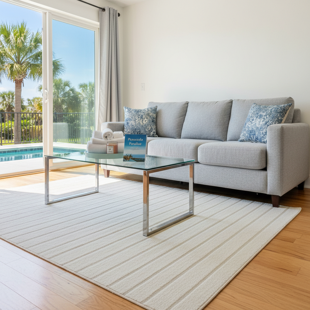 A spotless short-term rental living room in Pensacola designed for Airbnb guests, featuring a neatly made sofa with crisp, wrinkle-free cushions, a freshly vacuumed area rug with visible straight lines, and a glass coffee table free of dust or smudges. Large sliding doors reveal a hint of palm trees outside, while bright coastal sunlight fills the room, highlighting the cleanliness of the light hardwood floors. Photographic realism from a wide, slightly elevated angle captures the entire space in sharp detail, including a carefully arranged welcome booklet on the table and a scented soy candle on a clean ceramic tray. The mood is inviting, vacation-ready, and reassuringly hygienic, emphasizing reliable turnover cleaning services for hosts.