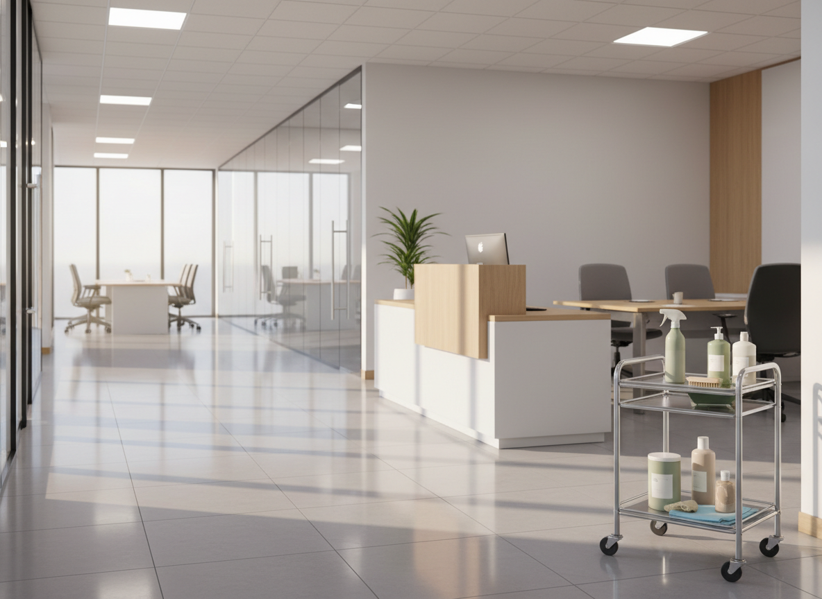 A spotless, modern corporate office lobby with gleaming light-gray tile floors and a row of glass-walled conference rooms, all surfaces freshly cleaned and streak-free. Desks and reception counters feature neatly arranged, minimal accessories, emphasizing cleanliness and order. Soft morning sunlight filters through large floor-to-ceiling windows, creating crisp reflections on the polished floor and glass partitions. In the foreground, eco-friendly cleaning supplies in neutral-toned, unbranded containers rest on a neatly folded microfiber cloth atop a small utility cart. Photographic realism, shot at eye level with sharp focus and a clean, modern aesthetic, conveying professionalism, trust, and meticulous commercial cleaning for Pensacola businesses.