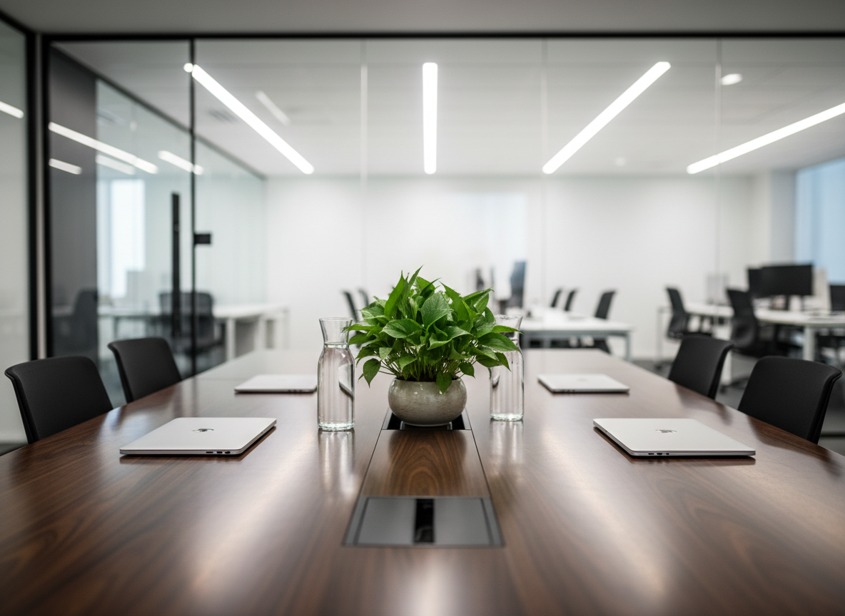 A close-up, photographic realism shot of a conference room table made of dark walnut wood, its surface immaculate and freshly polished, reflecting overhead LED panel lights in soft, linear highlights. On the table sits a neatly aligned row of closed laptops, a clear glass water carafe, and a small potted plant with vibrant green leaves, all perfectly dust-free. The background shows blurred glass walls and an organized office beyond, emphasizing depth and scale. Captured from a slightly elevated angle with shallow depth of field, the mood is professional, calm, and efficient, showcasing the results of high-quality eco-friendly commercial cleaning in a modern office environment.